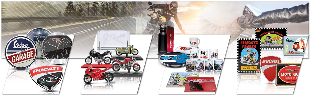Articoli decorativi per la casa: orologi da parete, modellini di moto, tazze, targhe e decorazioni con motivi motociclistici.