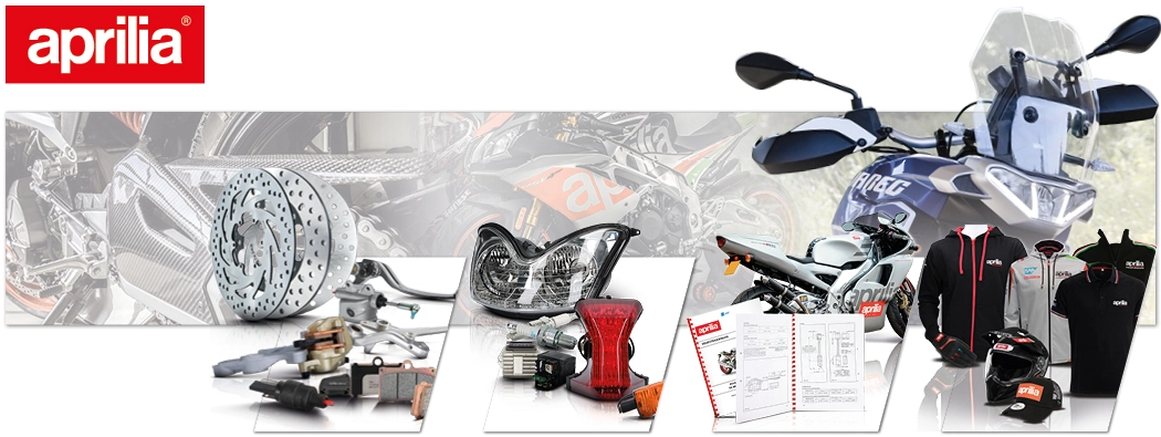 Aprilia motorcycle accessories, spare parts and clothing in front of various motorcycles.