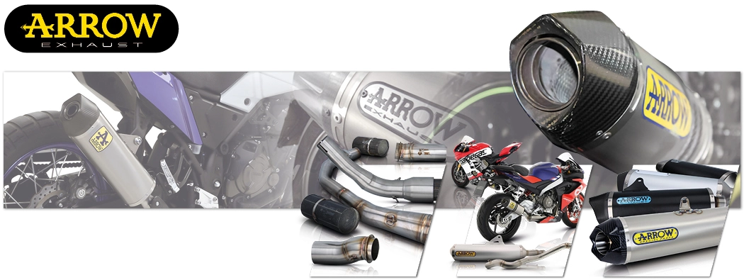 Arrow exhaust systems and accessories against a motorcycle background.