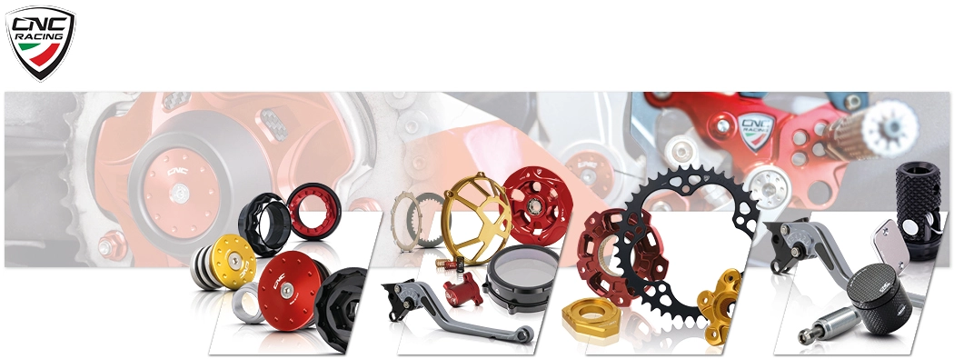 CNC racing motorcycle parts in various colors and shapes against a technical background.