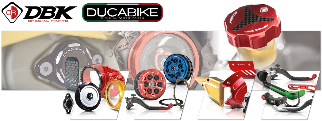  Piezas de motos Ducabike y DBK en diferentes colores delante de un fondo borroso de moto.