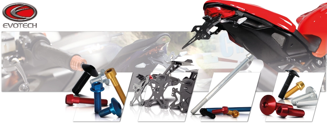 Vis, supports et accessoires de moto Evotech sur un fond de moto flou.