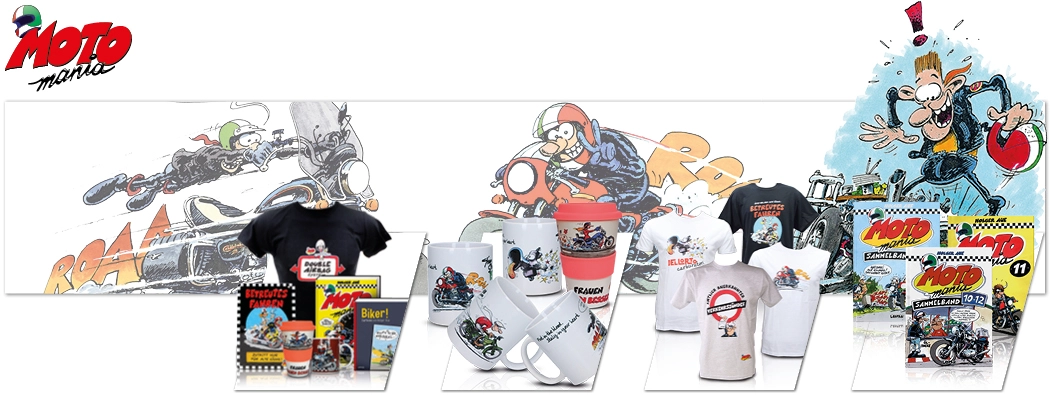 Artículos de MotoMania, como camisetas, tazas y cómics con motivos moteros.