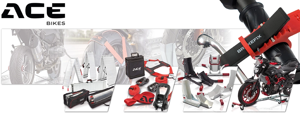 ACE Bikes Transport- und Sicherungszubehör: Rampen, Zurrgurte, Transporttaschen und Bremsfixierung.