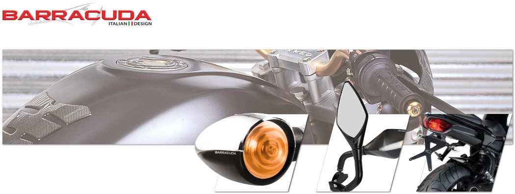 Accessoires pour motos Barracuda, notamment des clignotants, des rétroviseurs et des supports de plaque d'immatriculation.