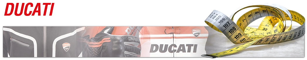 Collage con logo Ducati, giacca da moto, guanti e metro giallo.