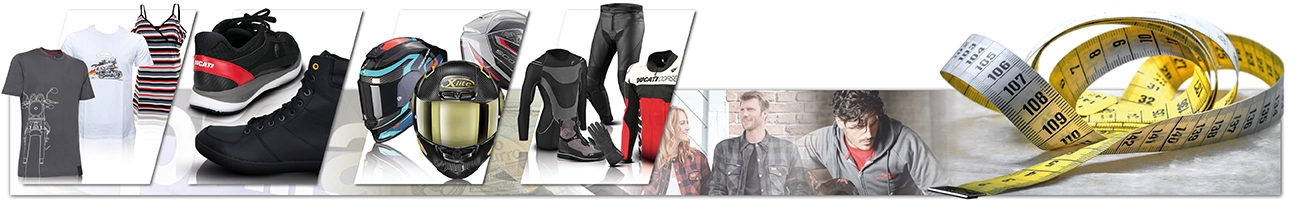 Collage di abbigliamento da moto, caschi, scarpe, abbigliamento per il tempo libero e metro.