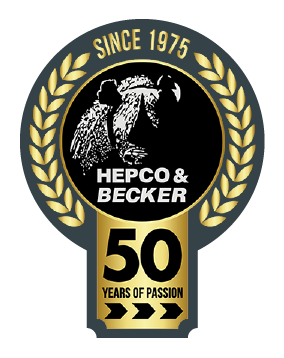 Logotipo del 50 aniversario de Hepco & Becker. En la parte superior se lee «Since 1975» y debajo del logotipo con el rinoceronte se lee: «50 years of passion».