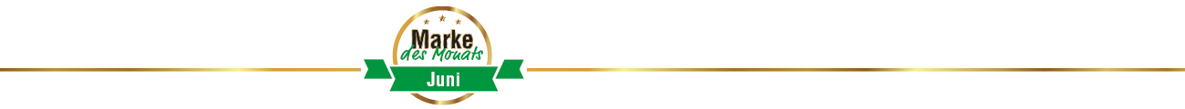 Eine goldene Linie mit einem runden Logo, wo "Marke des Monats Juni" drauf steht. Das Logo ist Gold, schwarz und grün gehalten.