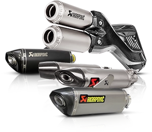 Several Akrapovic rear silencers for motorcycles in various designs and materials.