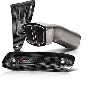 Akrapovic accessories for motorcycles made of metal and carbon fiber with logo.