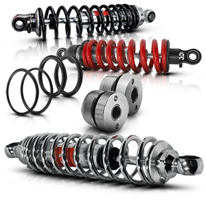 Jambes de force Bitubo pour motos en rouge, noir et argent avec différents composants.