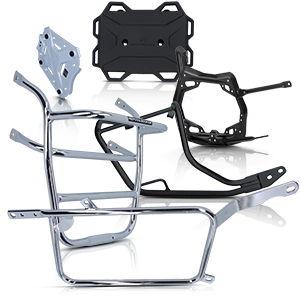 Black and silver motorcycle pannier racks in various shapes.