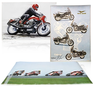 Varios carteles de motos con diseños clásicos y modernos, incluidas escenas de carreras y dibujos técnicos de marcas como Moto Guzzi.