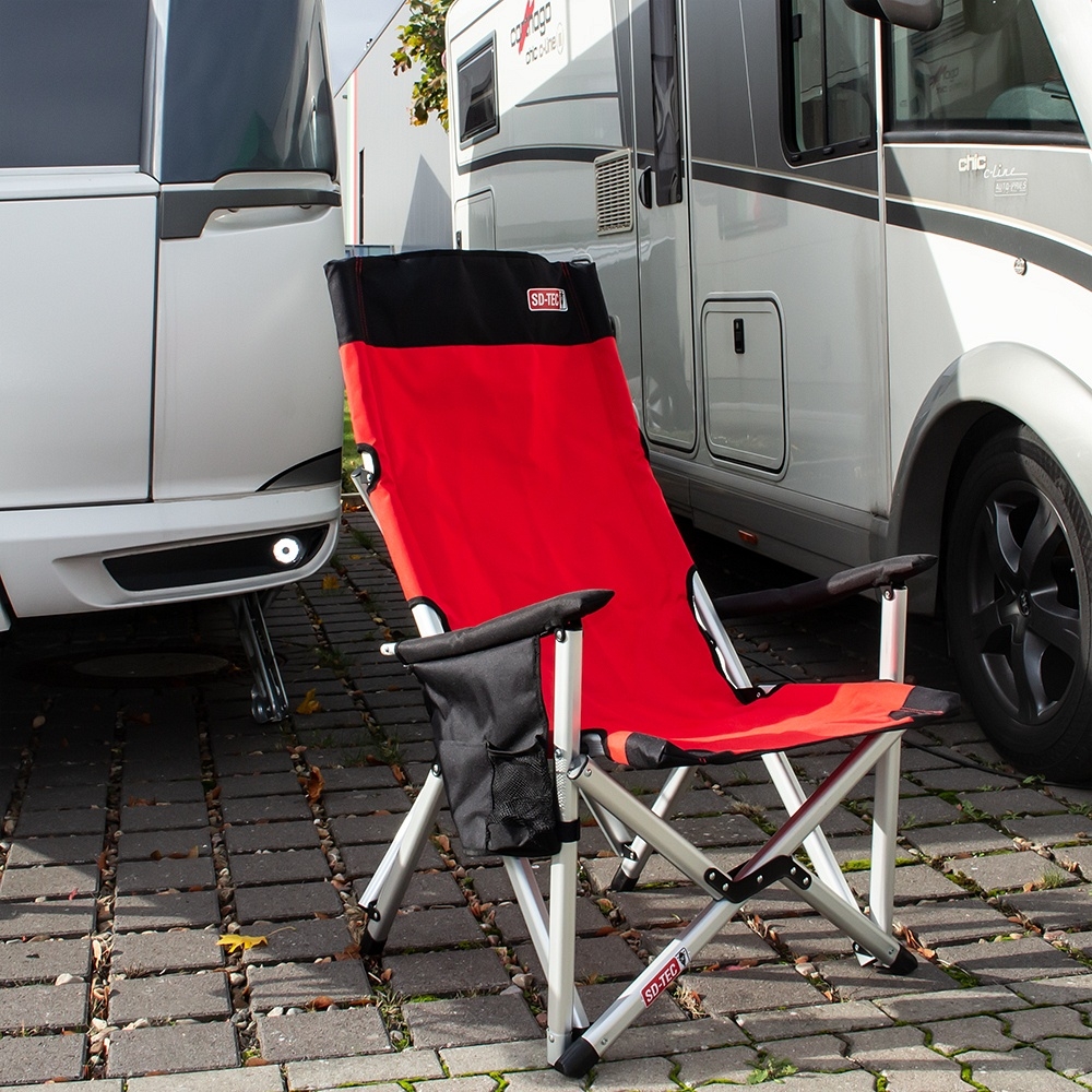 SD-TEC Sedia da campeggio per esterni, rosso/nero con portabicchieri e  borsa per il trasporto