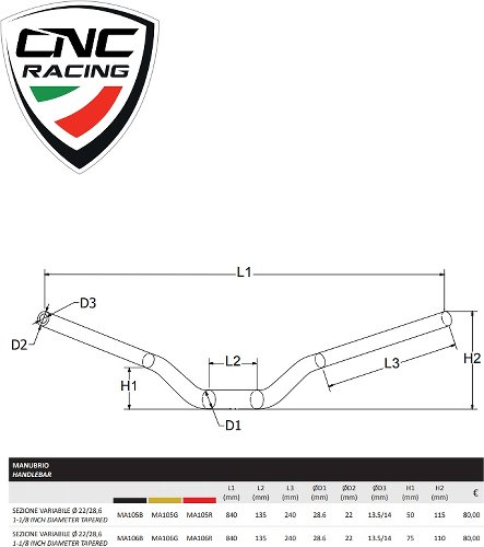 CNC Racing Lenker Ø1-1/8 Zoll konisch Länge 840mm, Kröpfung